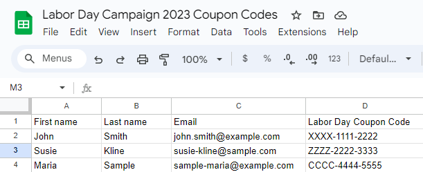 coupon code spreadsheet sample